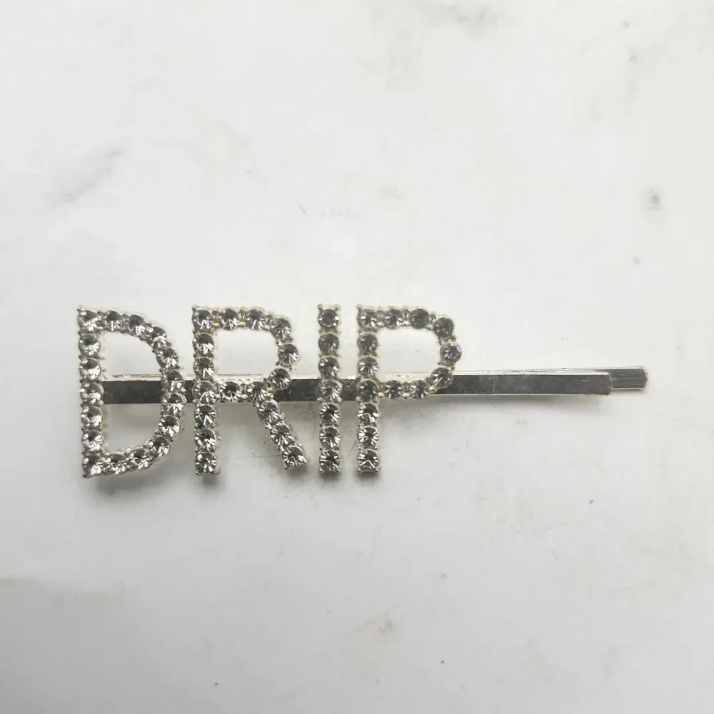 Rhinestone DRIP Hair Pins Silver Tone Crystal Letter Bobby Clip Pair Barrettes